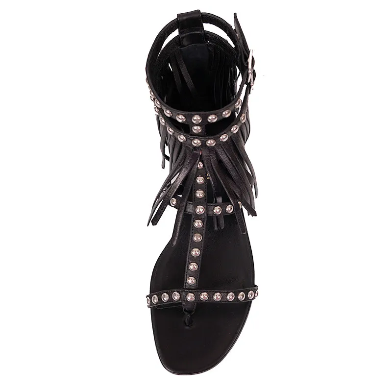 36.5 NEW $995 SAINT LAURENT Black FRINGE LEATHER Studded GLADIATOR Boho SANDALS