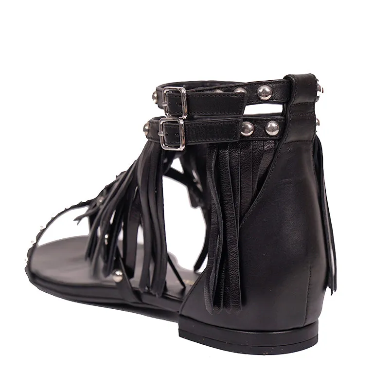 36.5 NEW $995 SAINT LAURENT Black FRINGE LEATHER Studded GLADIATOR Boho SANDALS