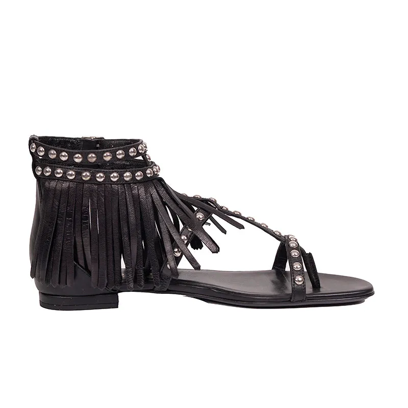 36.5 NEW $995 SAINT LAURENT Black FRINGE LEATHER Studded GLADIATOR Boho SANDALS