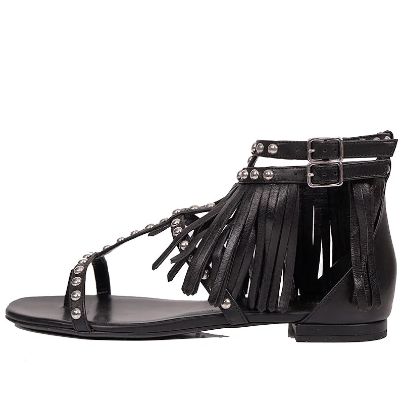 36.5 NEW $995 SAINT LAURENT Black FRINGE LEATHER Studded GLADIATOR Boho SANDALS