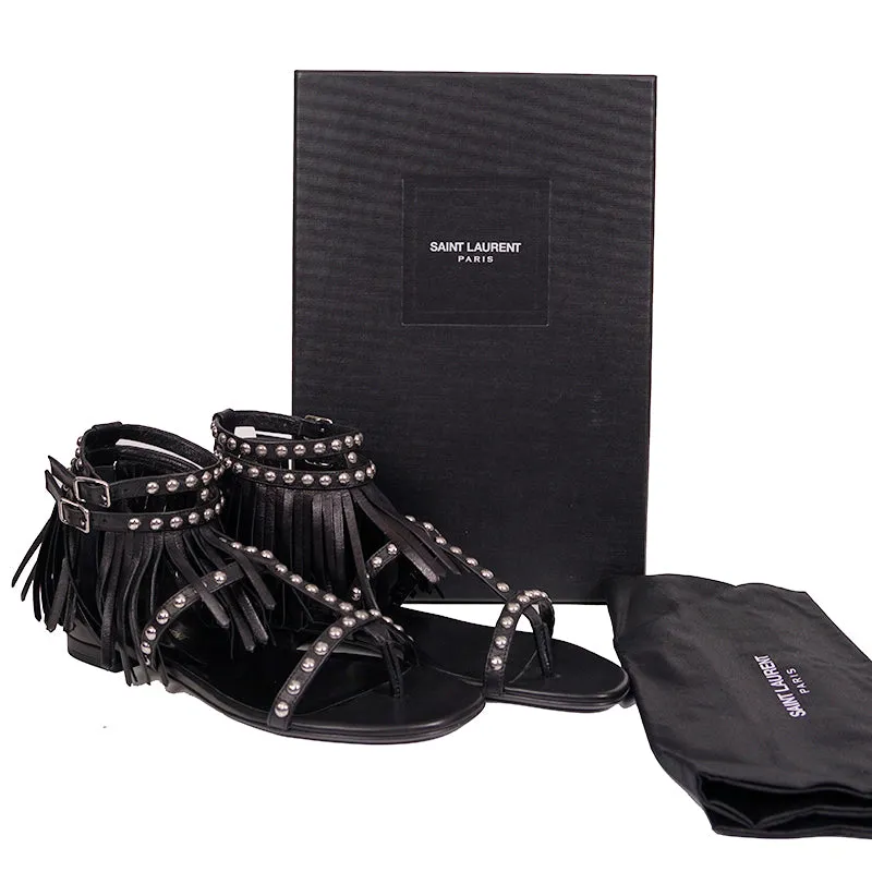36.5 NEW $995 SAINT LAURENT Black FRINGE LEATHER Studded GLADIATOR Boho SANDALS