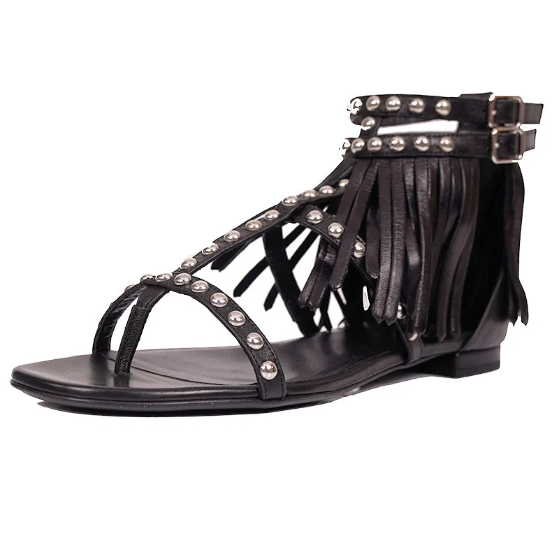 36.5 NEW $995 SAINT LAURENT Black FRINGE LEATHER Studded GLADIATOR Boho SANDALS