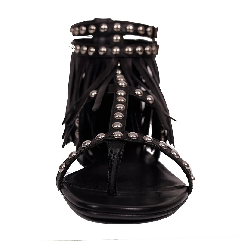 36.5 NEW $995 SAINT LAURENT Black FRINGE LEATHER Studded GLADIATOR Boho SANDALS