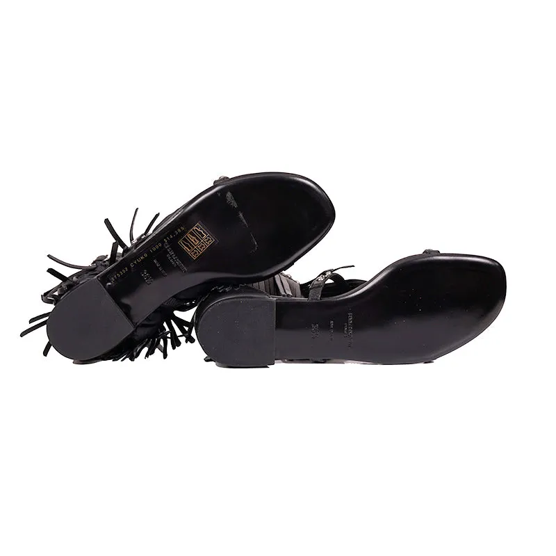 36.5 NEW $995 SAINT LAURENT Black FRINGE LEATHER Studded GLADIATOR Boho SANDALS