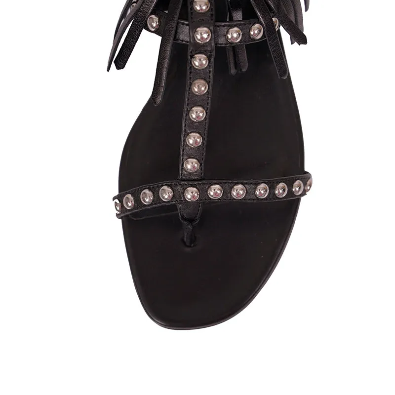 36.5 NEW $995 SAINT LAURENT Black FRINGE LEATHER Studded GLADIATOR Boho SANDALS