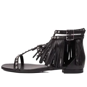 36.5 NEW $995 SAINT LAURENT Black FRINGE LEATHER Studded GLADIATOR Boho SANDALS