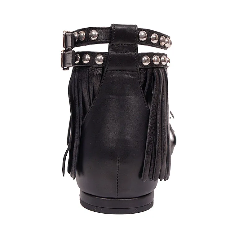 36.5 NEW $995 SAINT LAURENT Black FRINGE LEATHER Studded GLADIATOR Boho SANDALS