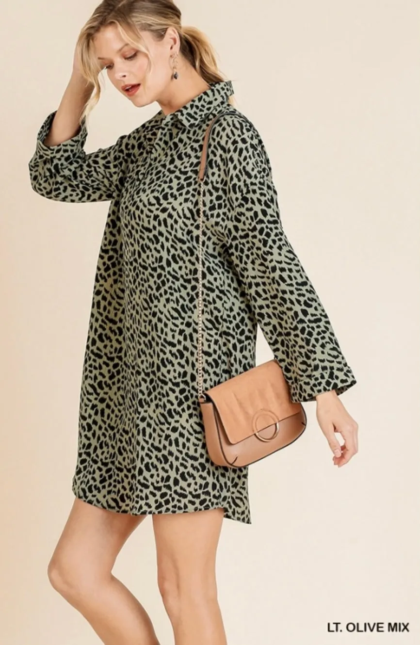 Animal Print Roll Up Sleeve V-Neck Collared Dress