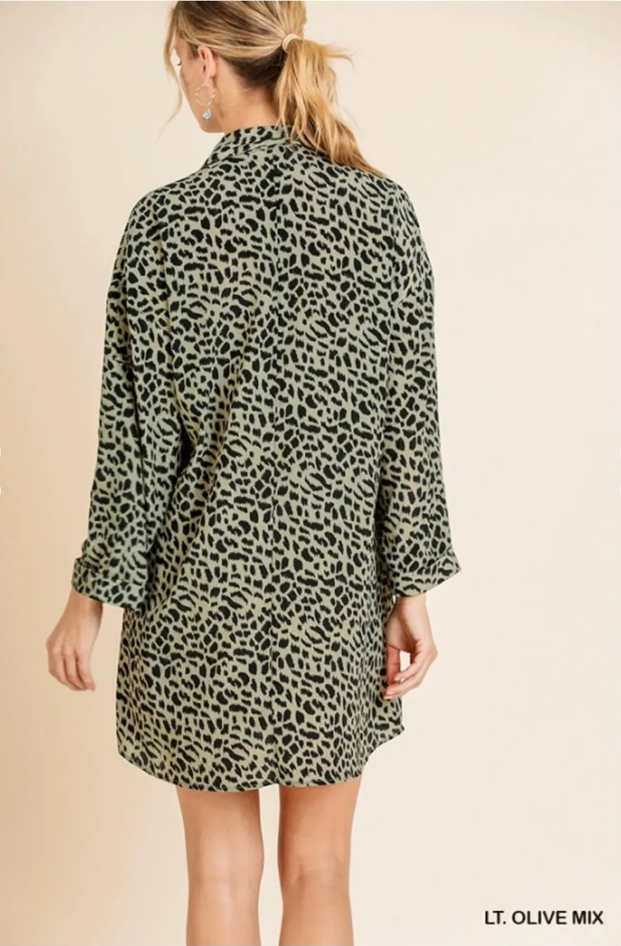 Animal Print Roll Up Sleeve V-Neck Collared Dress