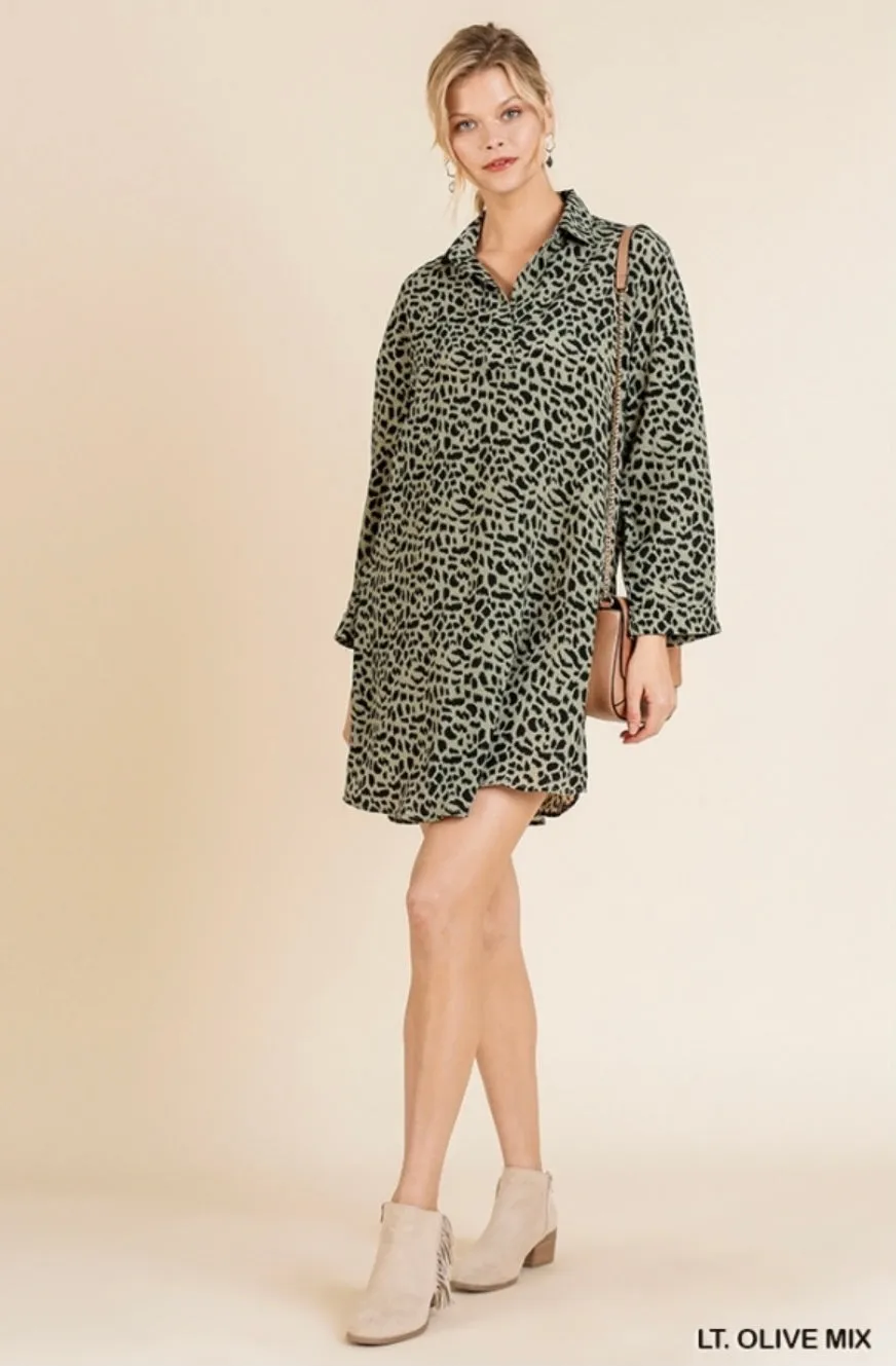 Animal Print Roll Up Sleeve V-Neck Collared Dress