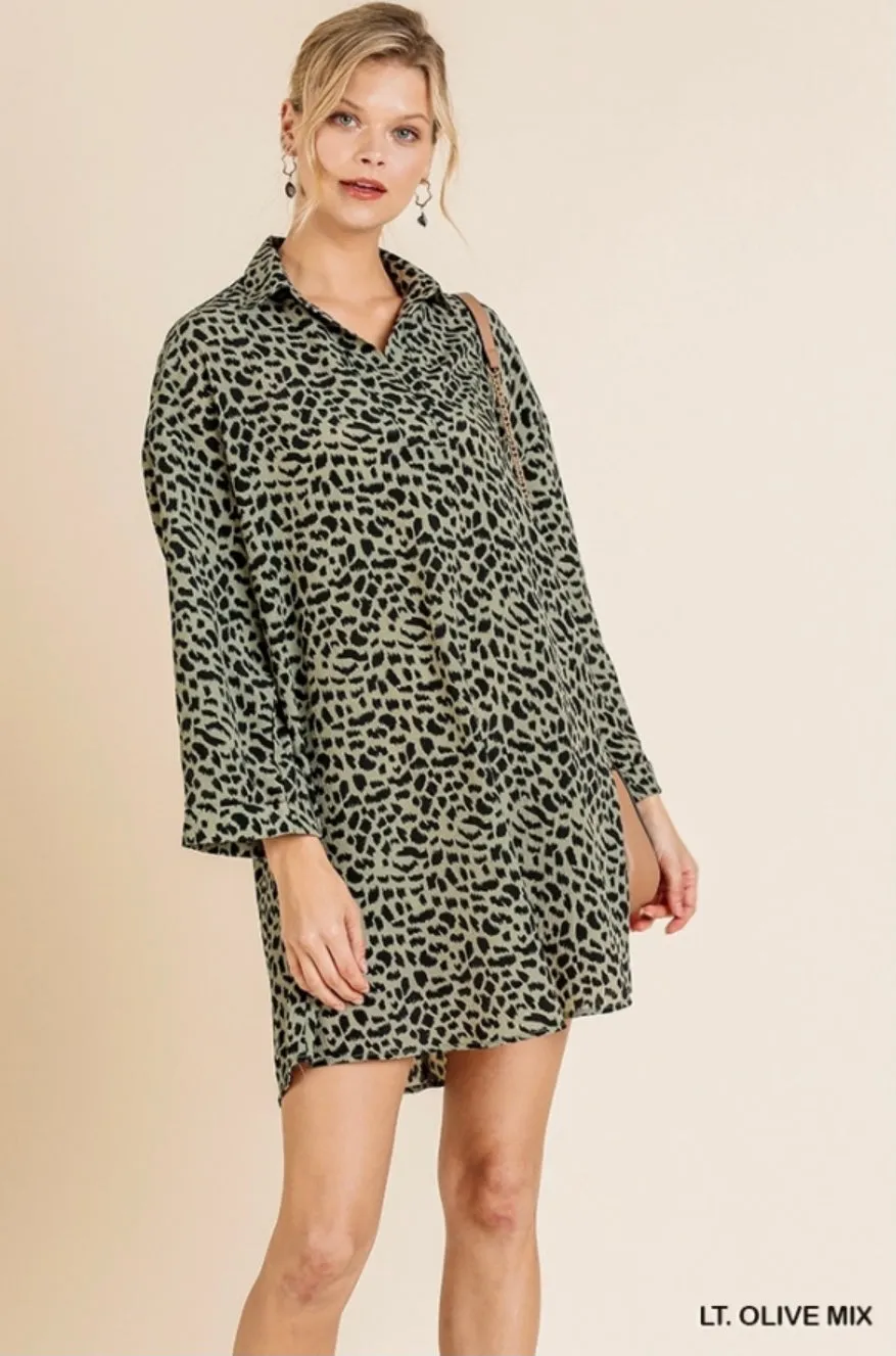 Animal Print Roll Up Sleeve V-Neck Collared Dress