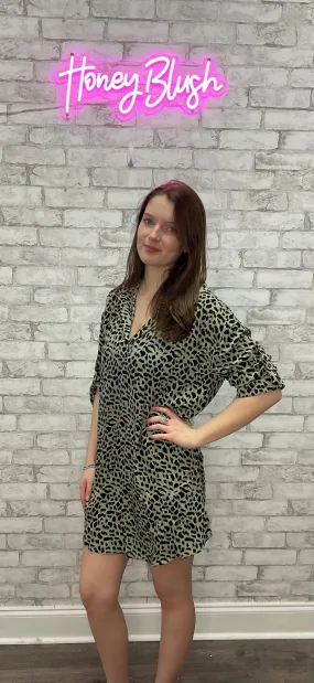 Animal Print Roll Up Sleeve V-Neck Collared Dress