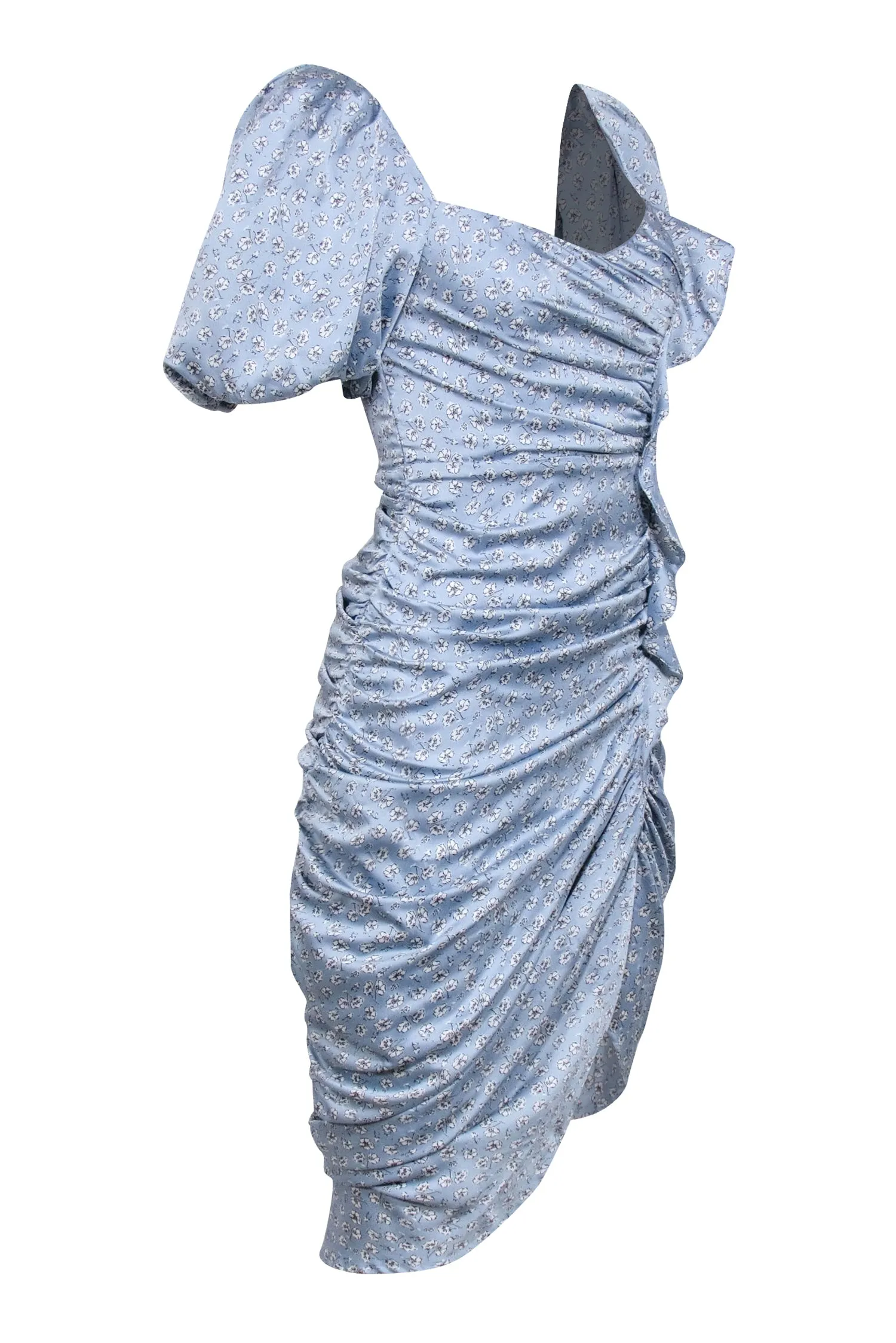 ASTR the Label - Blue Floral Print Ruched Ruffle Detail Puff Sleeve Dress Sz M