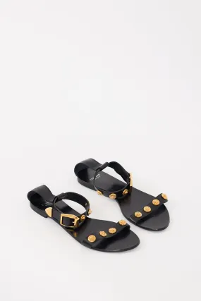 Black & Gold Leather Medusa Embellished Sandal