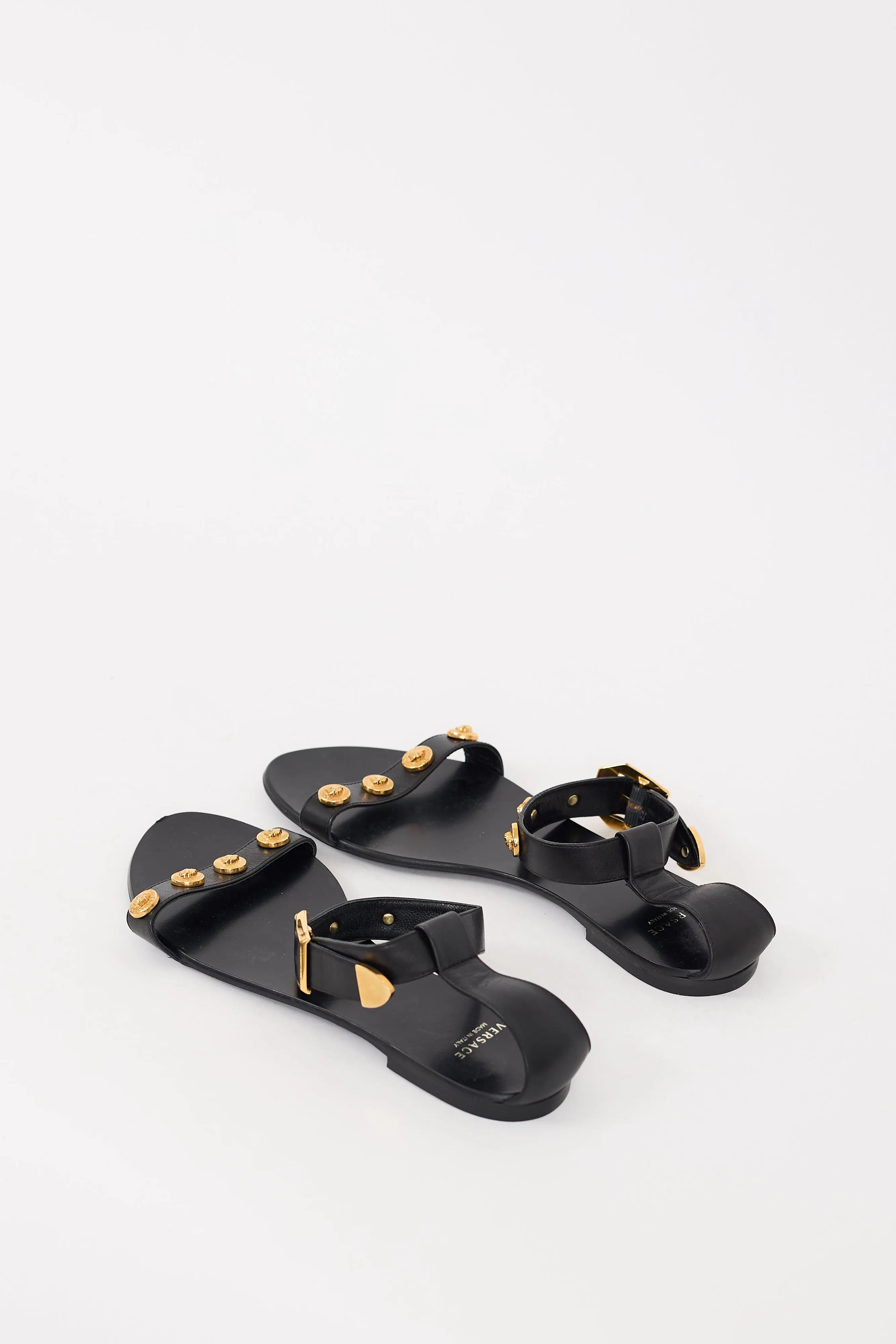 Black & Gold Leather Medusa Embellished Sandal