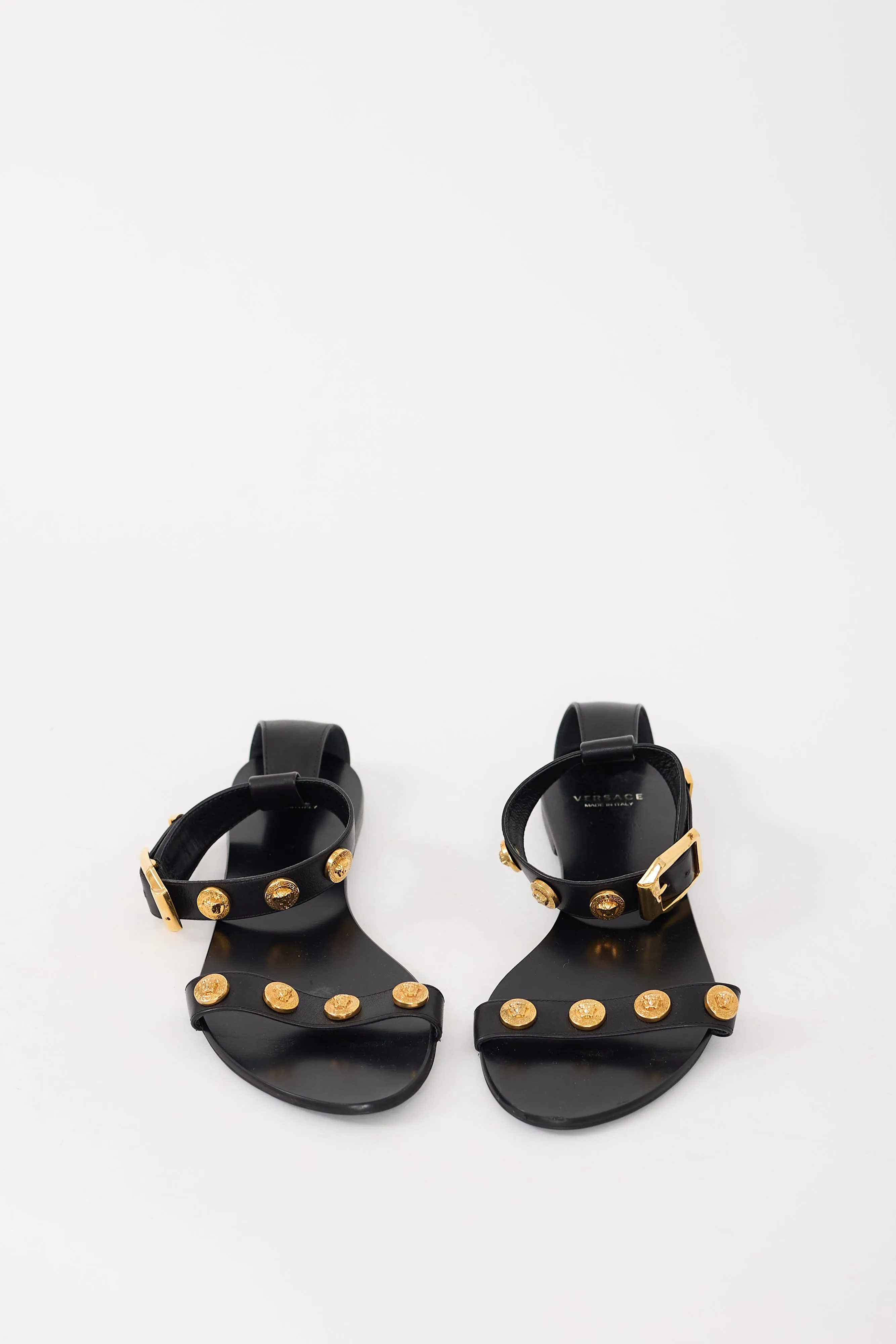 Black & Gold Leather Medusa Embellished Sandal