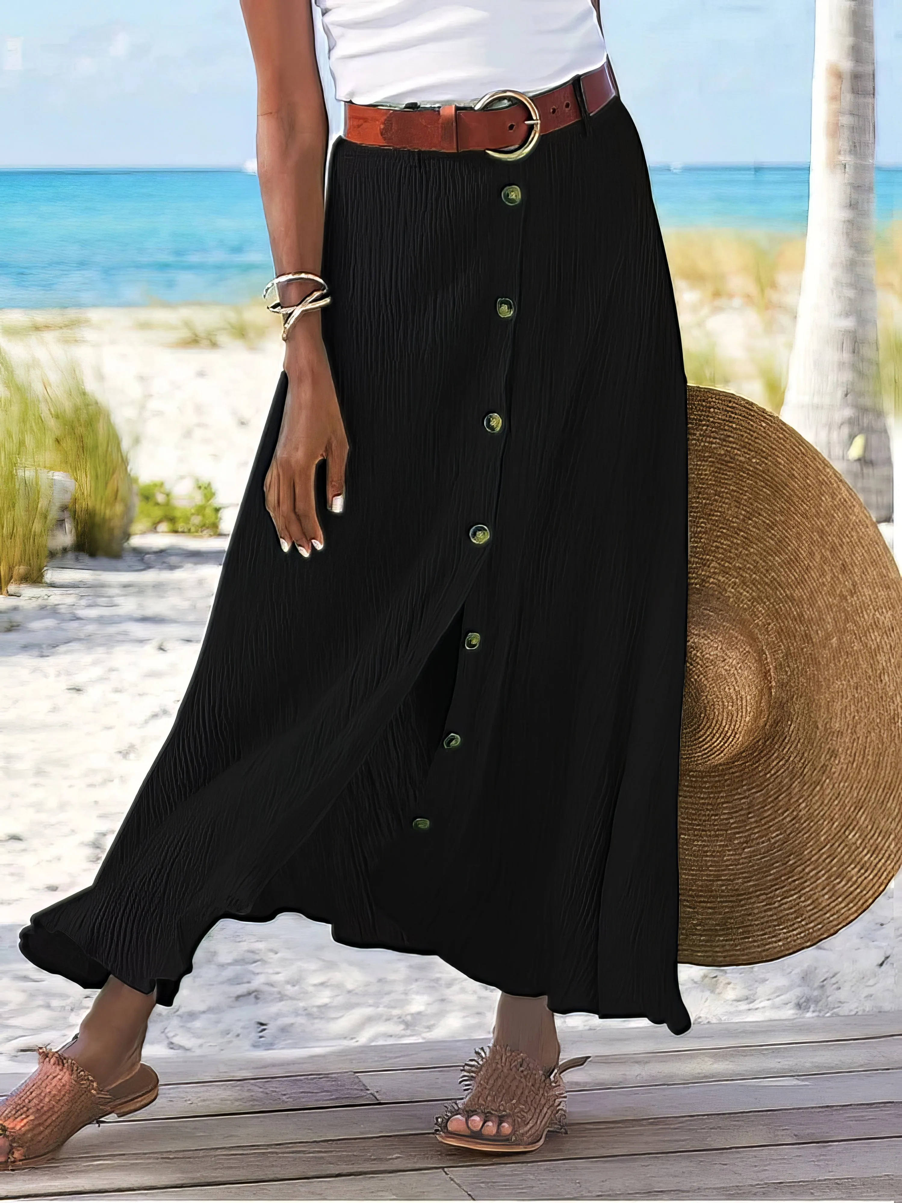 Button Detail Midi Skirt