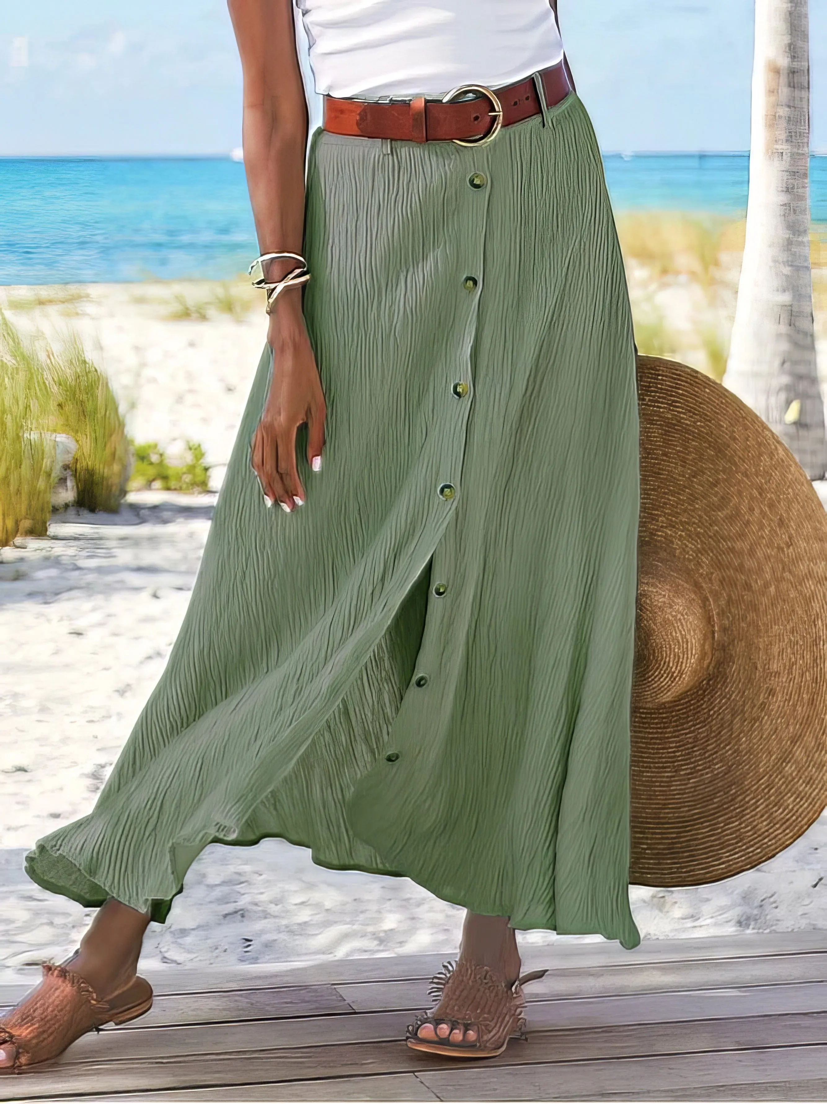 Button Detail Midi Skirt