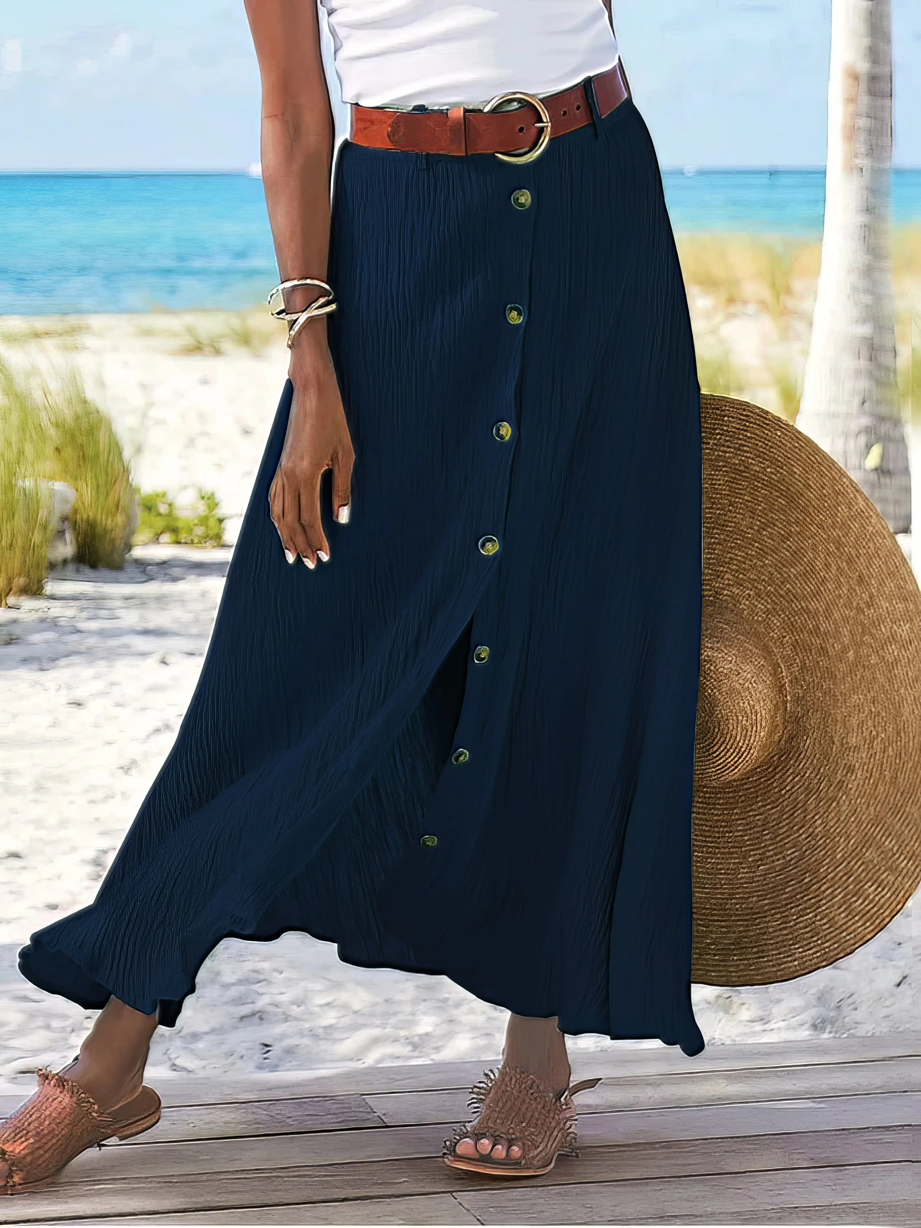 Button Detail Midi Skirt