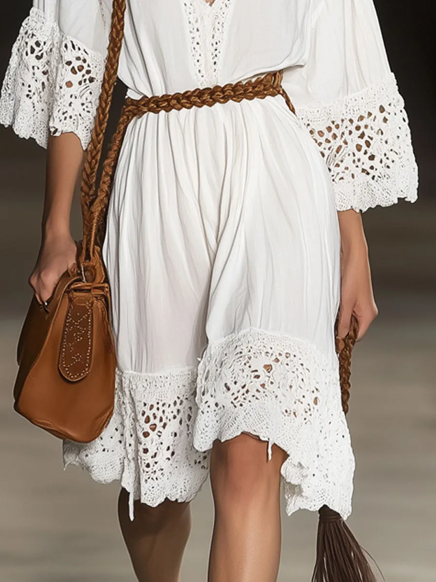 Casual Loose Vintage Cotton Lace Lace Short Sleeve Mini Dress