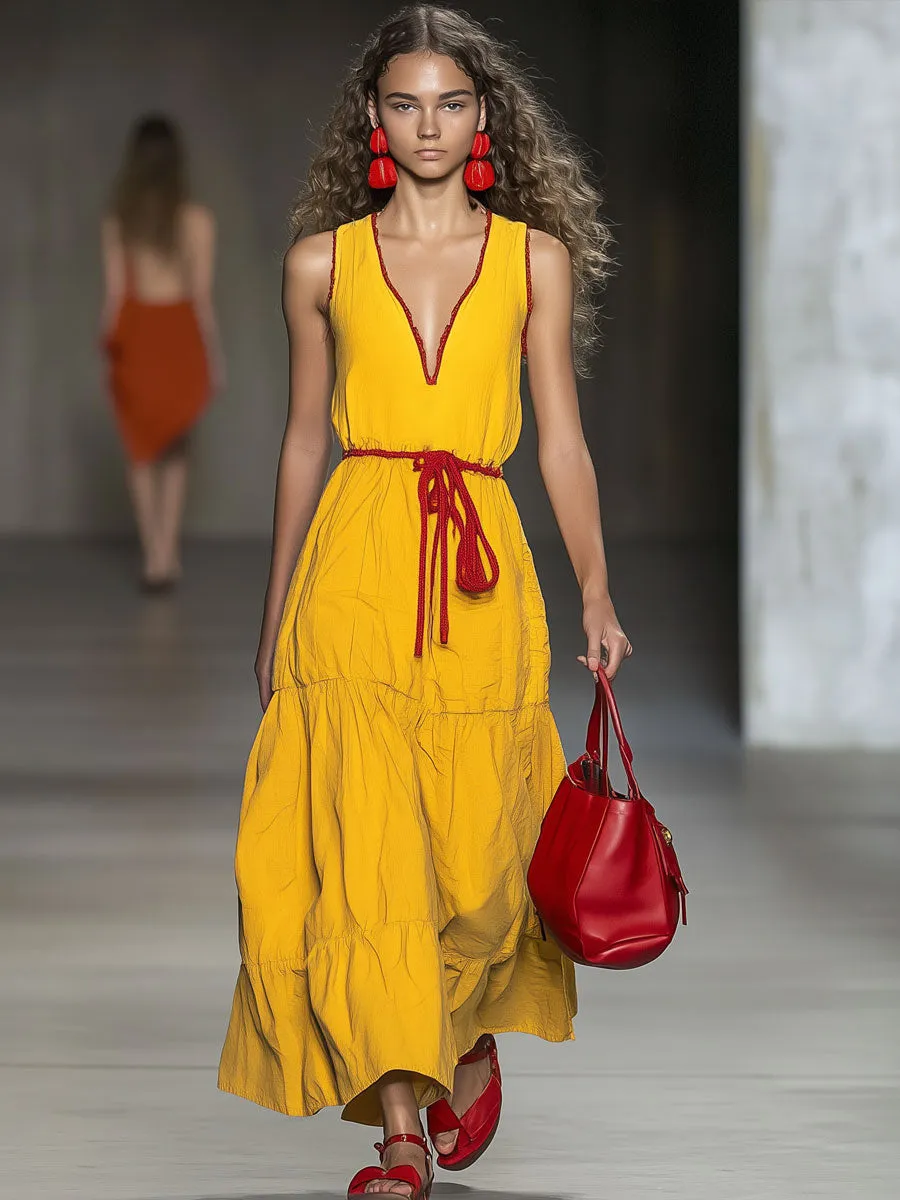 Casual Loose Vintage V-Neck Red Trim Cotton Sleeveless Maxi Dress
