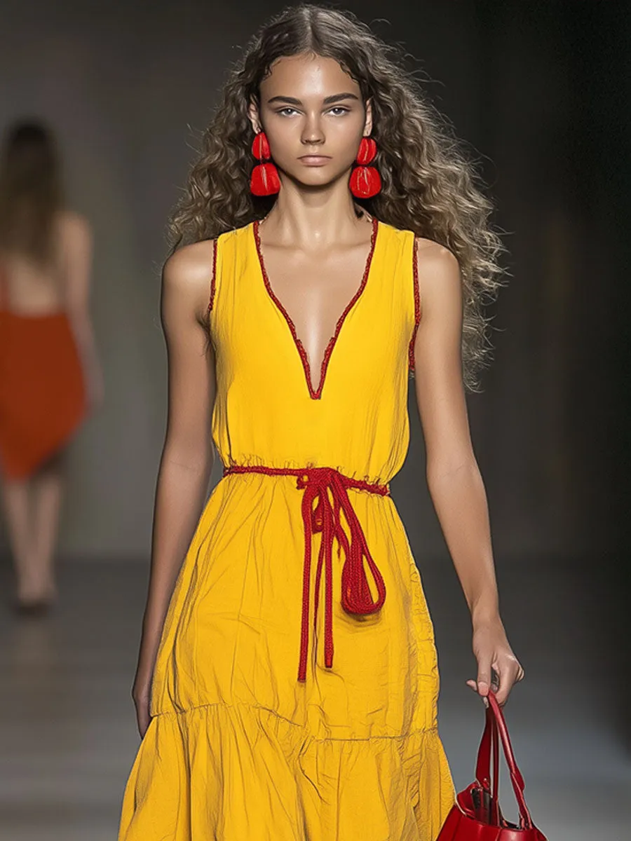 Casual Loose Vintage V-Neck Red Trim Cotton Sleeveless Maxi Dress