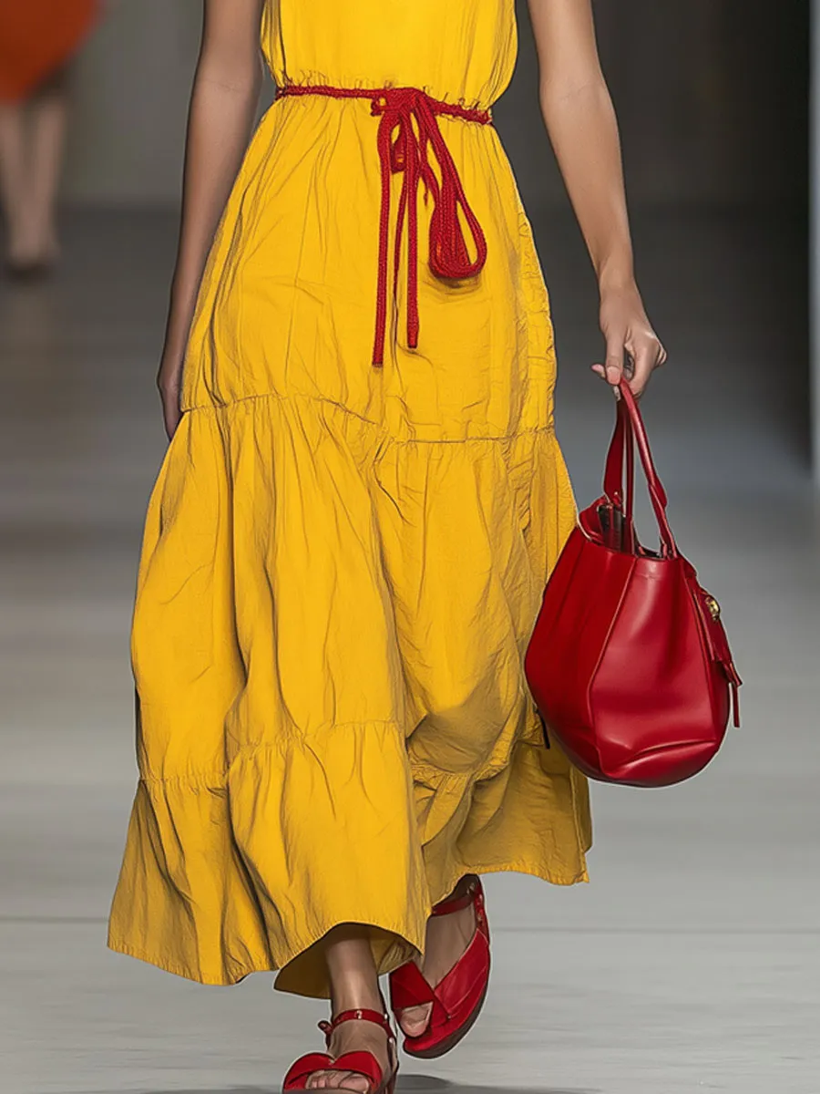 Casual Loose Vintage V-Neck Red Trim Cotton Sleeveless Maxi Dress