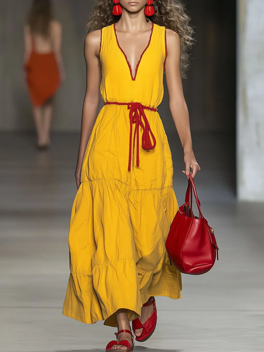 Casual Loose Vintage V-Neck Red Trim Cotton Sleeveless Maxi Dress