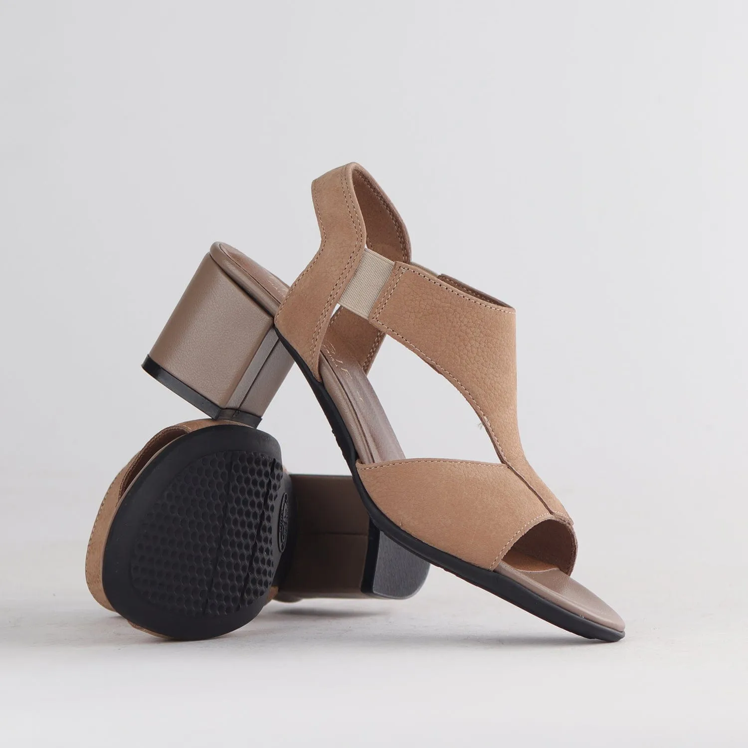 Elasticated Block Heel Sandal in Stone - 12818