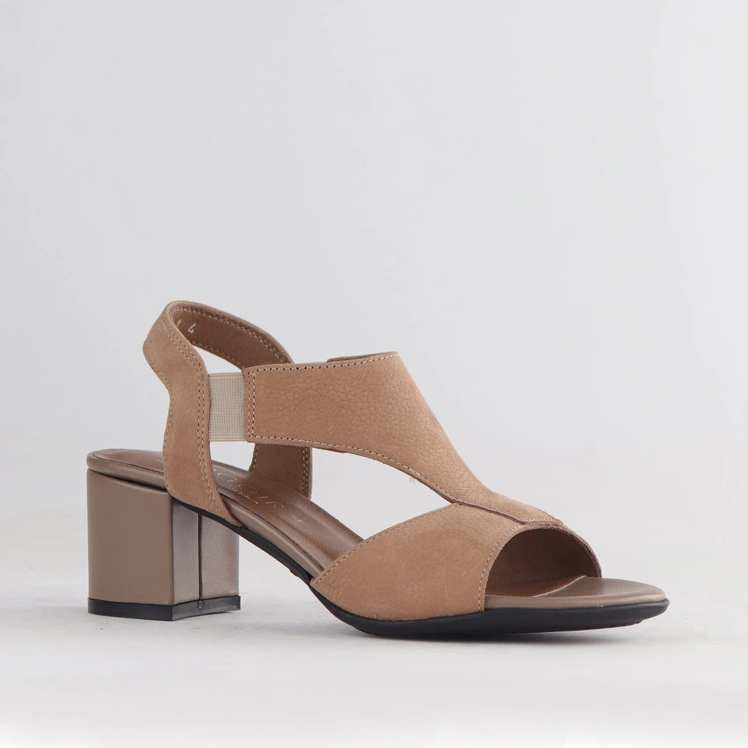 Elasticated Block Heel Sandal in Stone - 12818