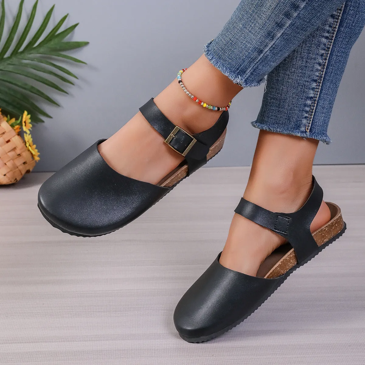 elveswallet Buckle Closure Cork Flat Sandals