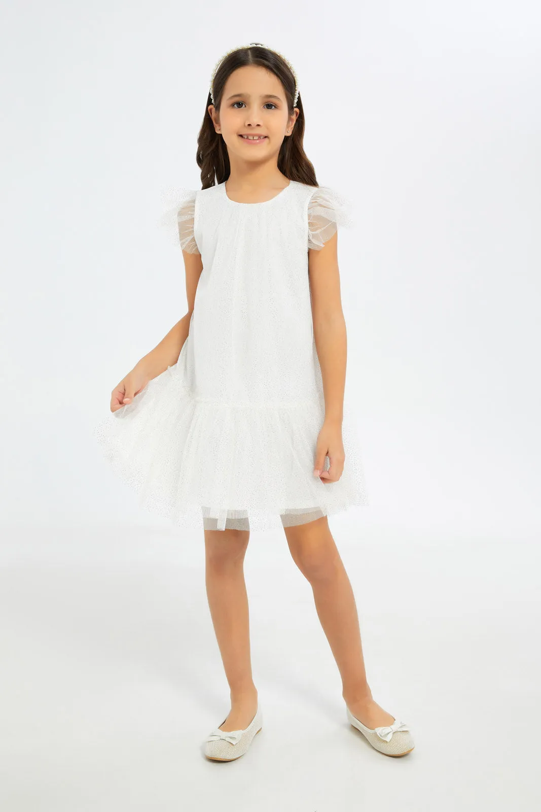 Girls White Mesh Tiered Dress