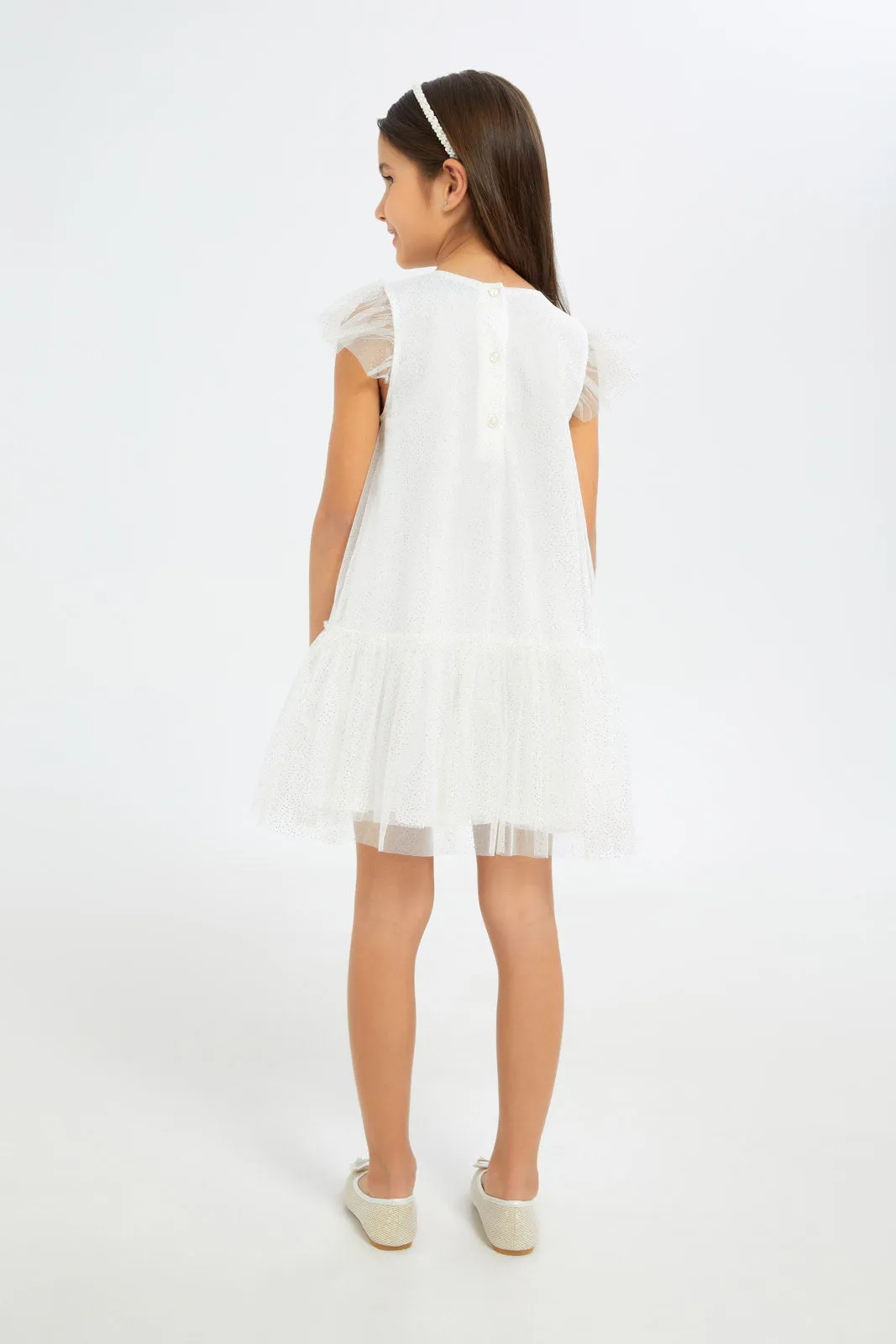 Girls White Mesh Tiered Dress