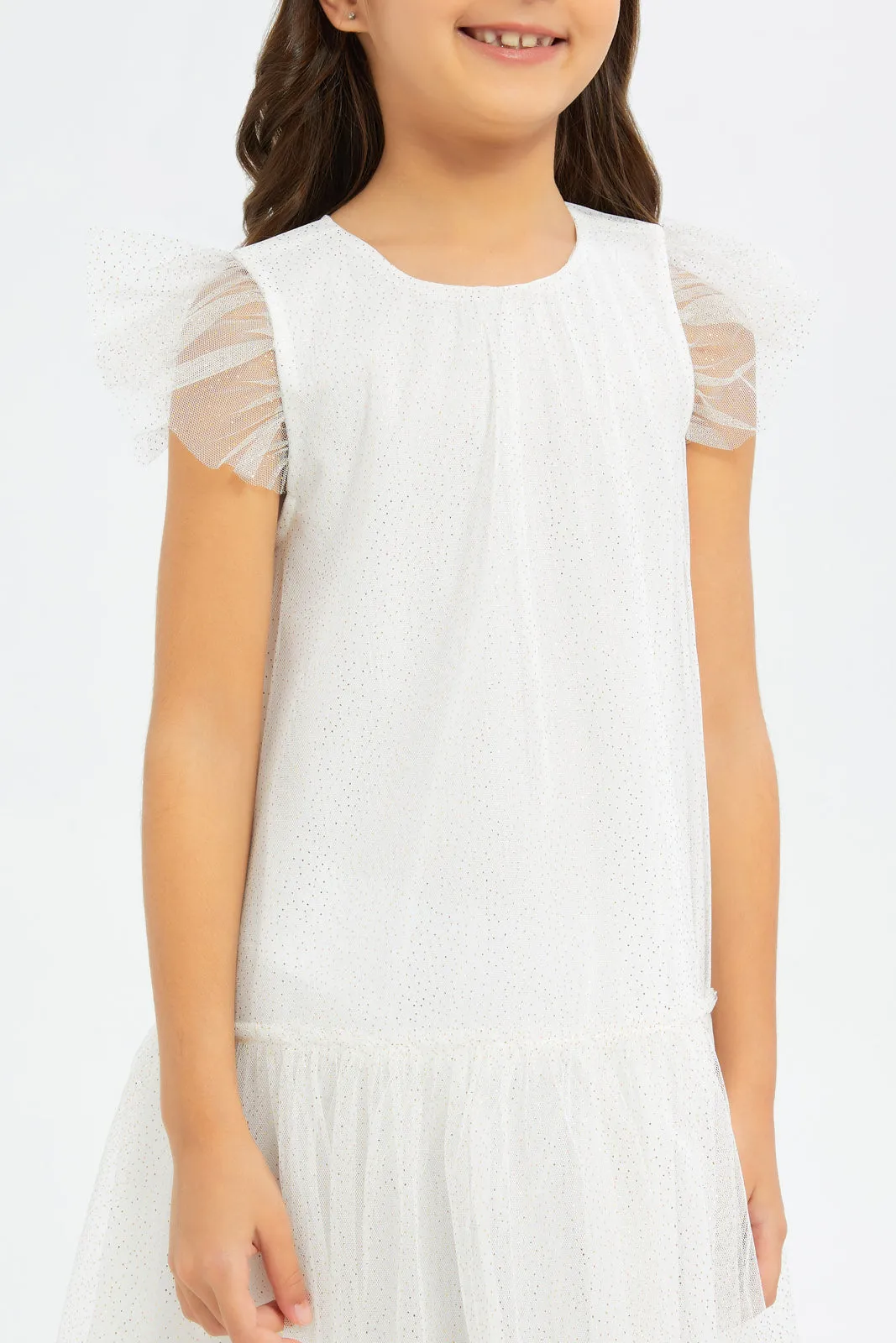 Girls White Mesh Tiered Dress