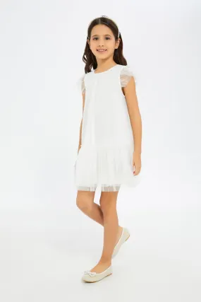 Girls White Mesh Tiered Dress