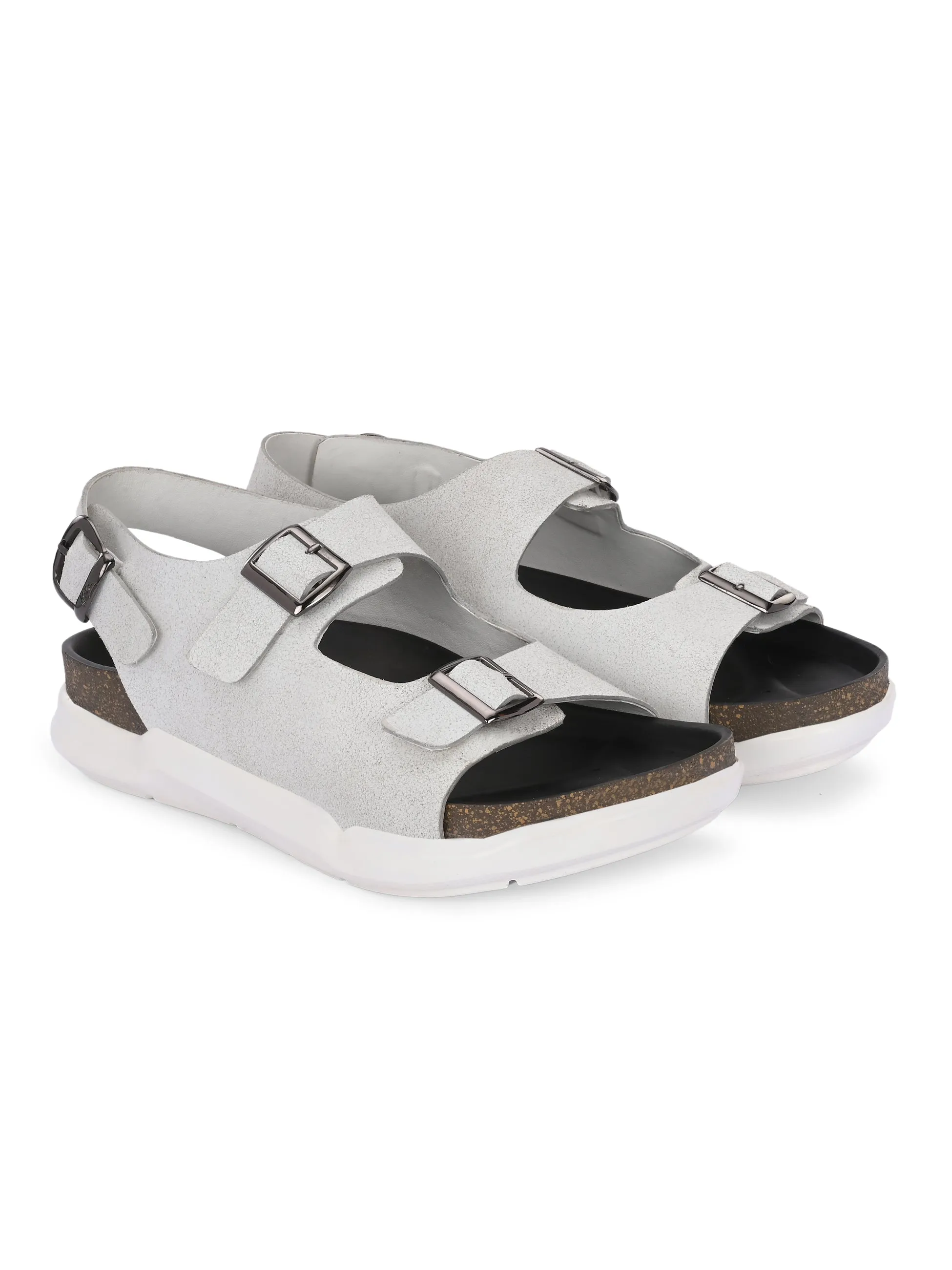 Hitz Men's White Leather Daily Wear Sandals