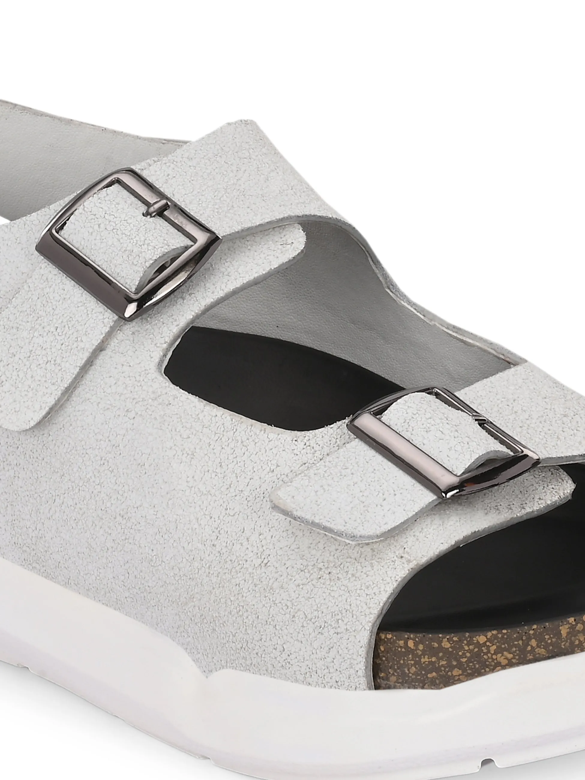 Hitz Men's White Leather Daily Wear Sandals