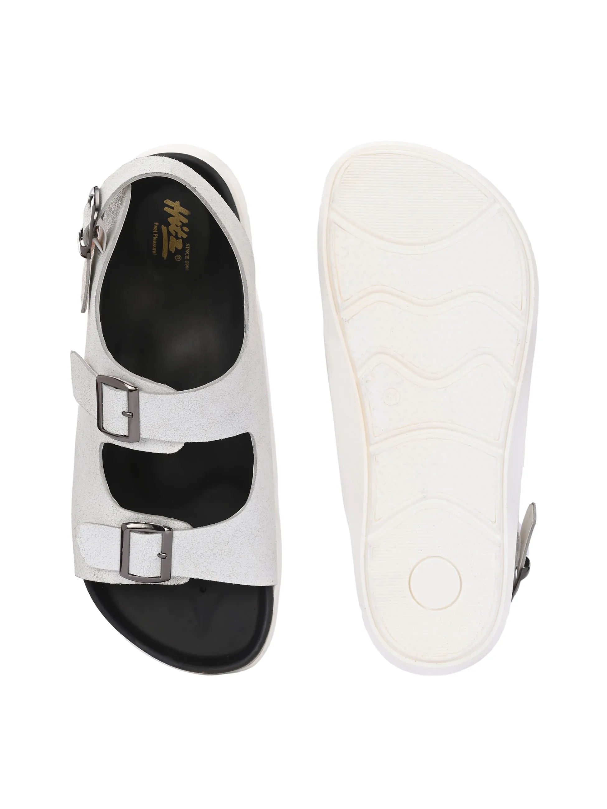 Hitz Men's White Leather Daily Wear Sandals
