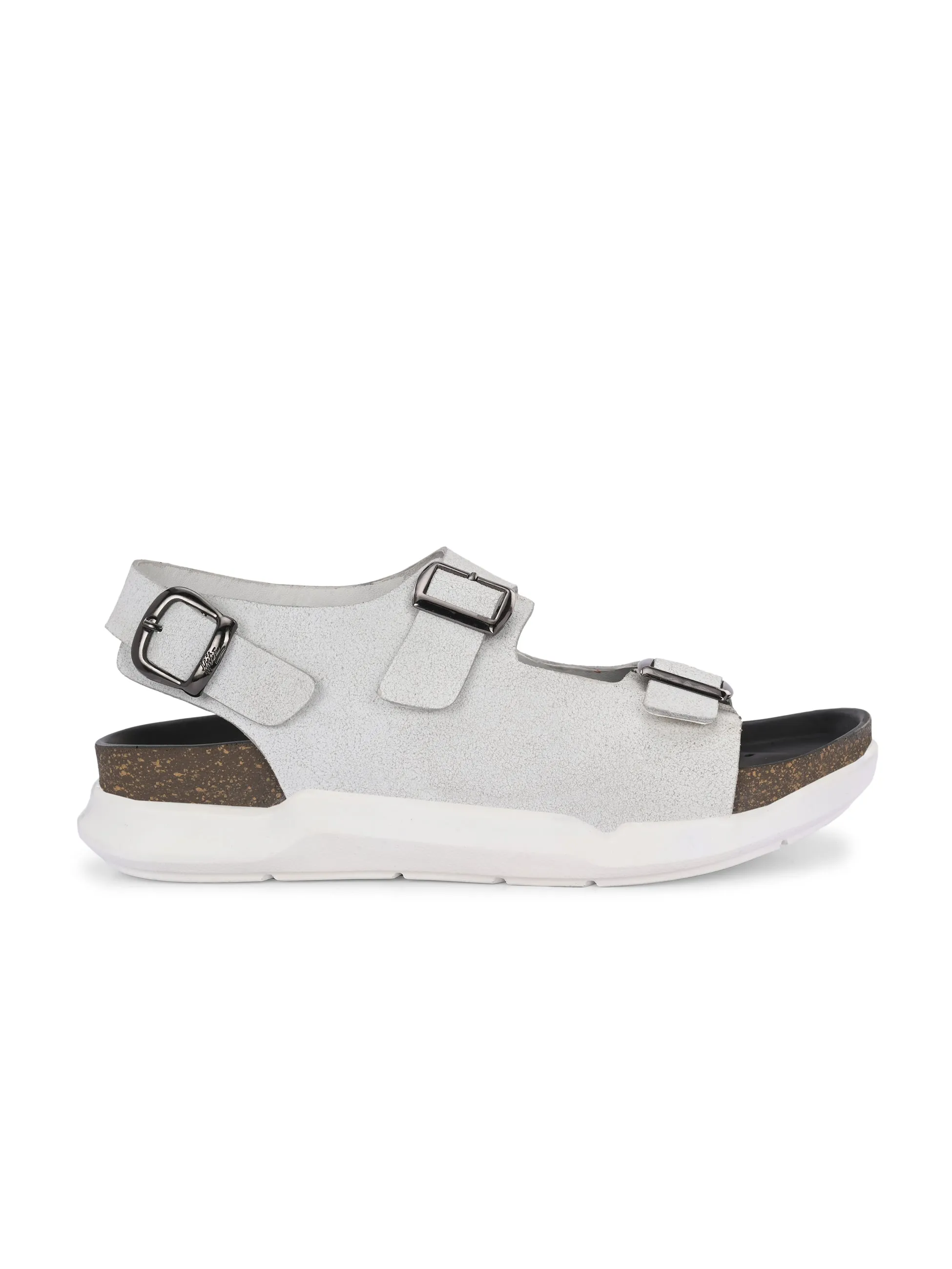 Hitz Men's White Leather Daily Wear Sandals