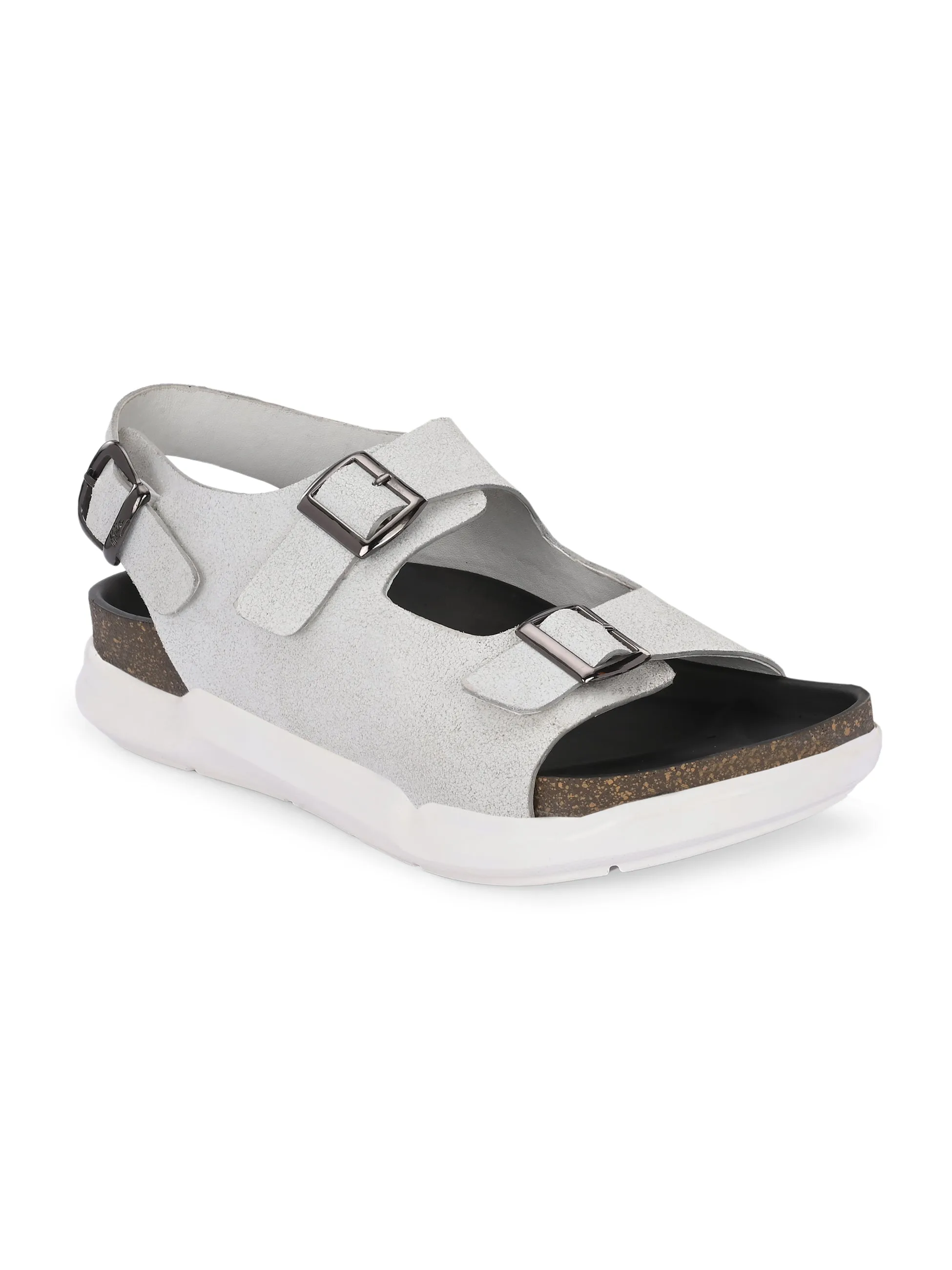 Hitz Men's White Leather Daily Wear Sandals