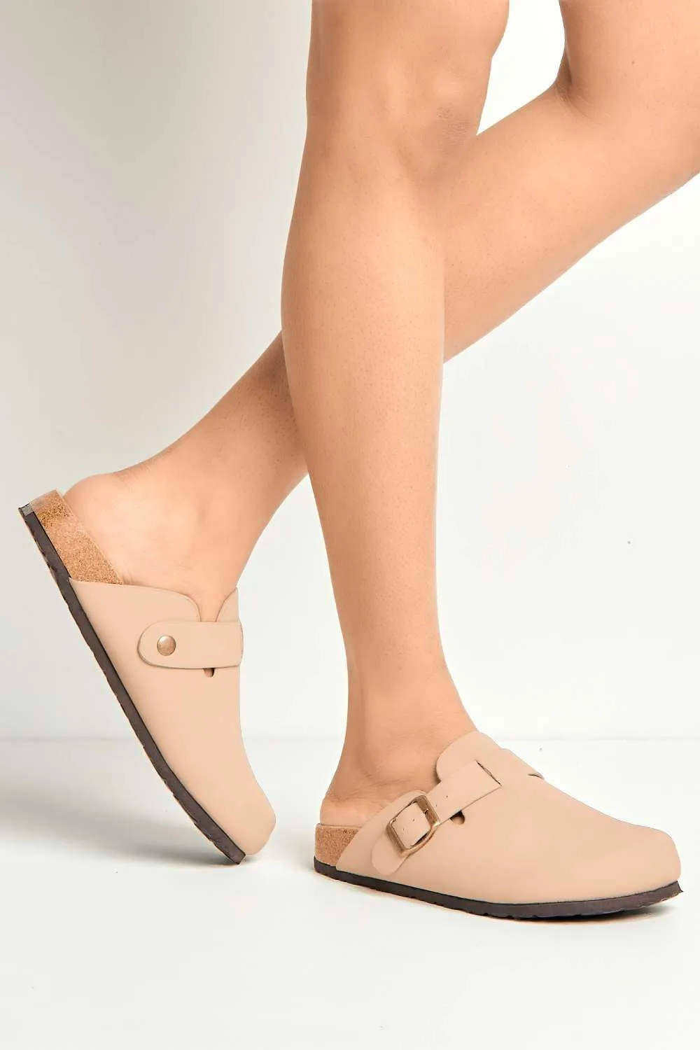 Klara Cork Sole Buckle Detail Clogs in Taupe