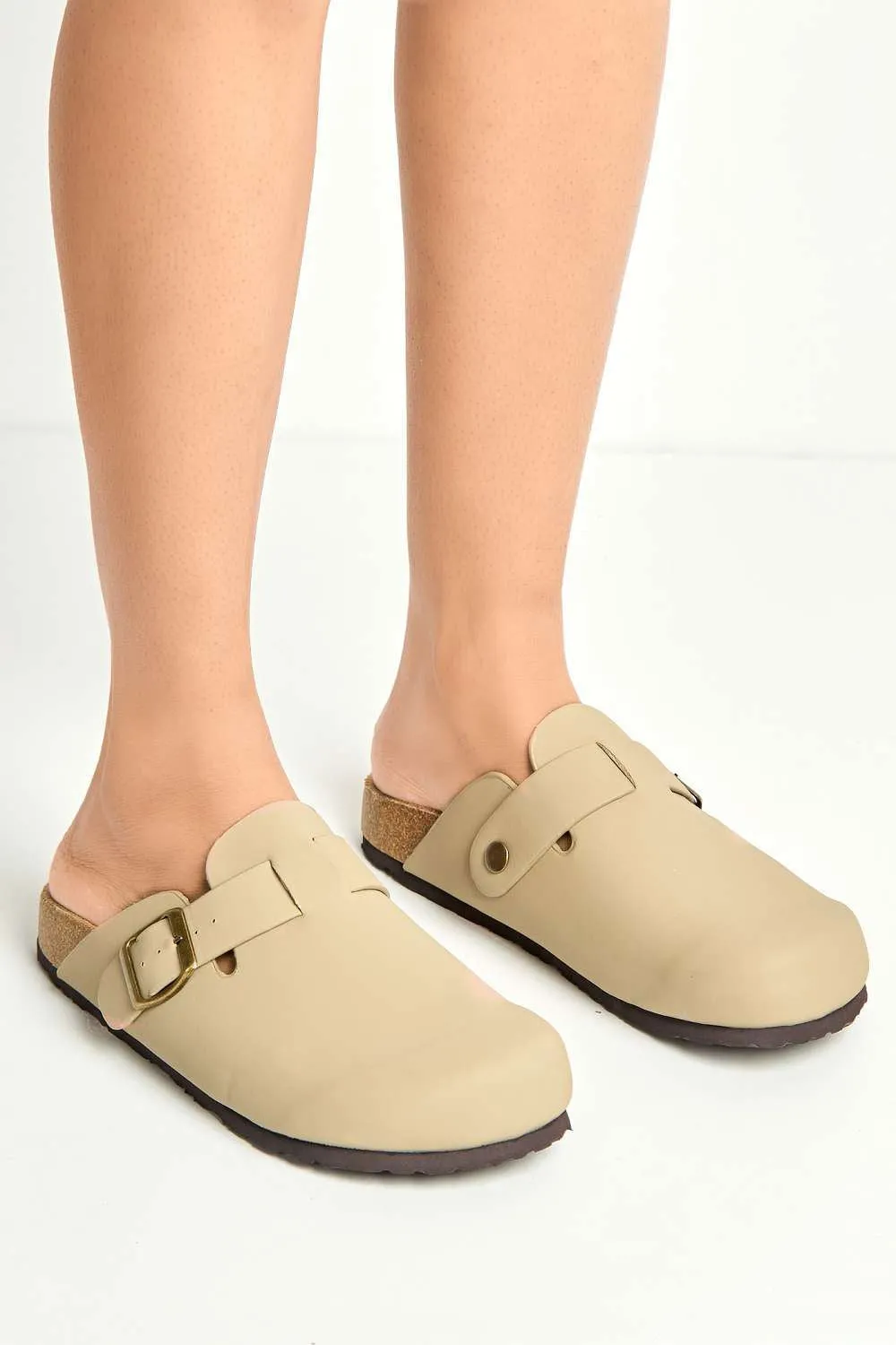 Klara Cork Sole Buckle Detail Clogs in Taupe