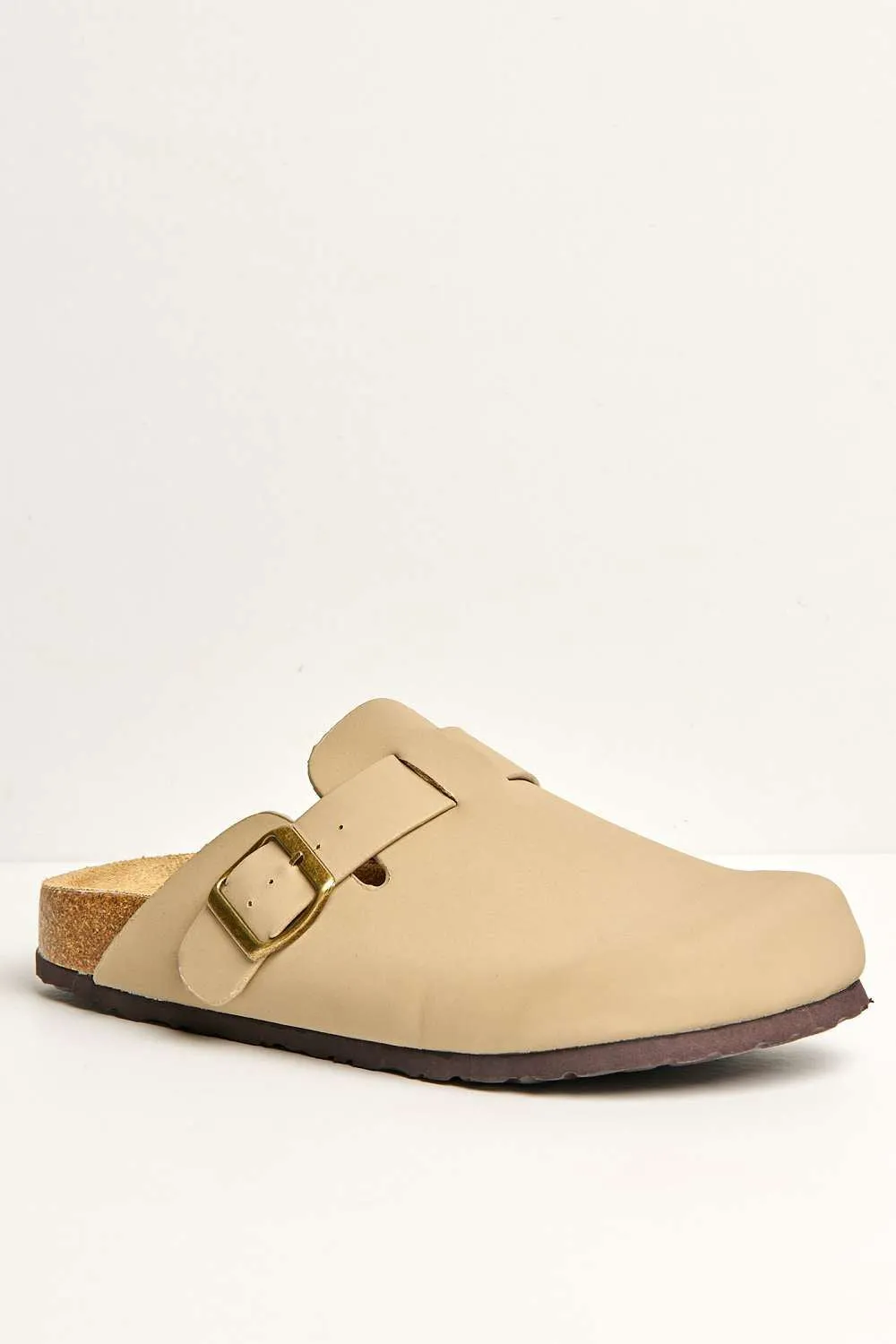 Klara Cork Sole Buckle Detail Clogs in Taupe