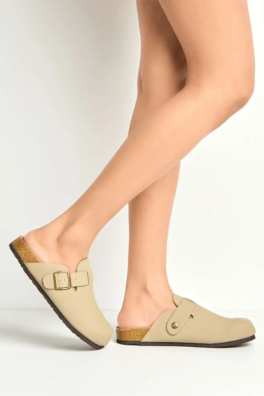 Klara Cork Sole Buckle Detail Clogs in Taupe