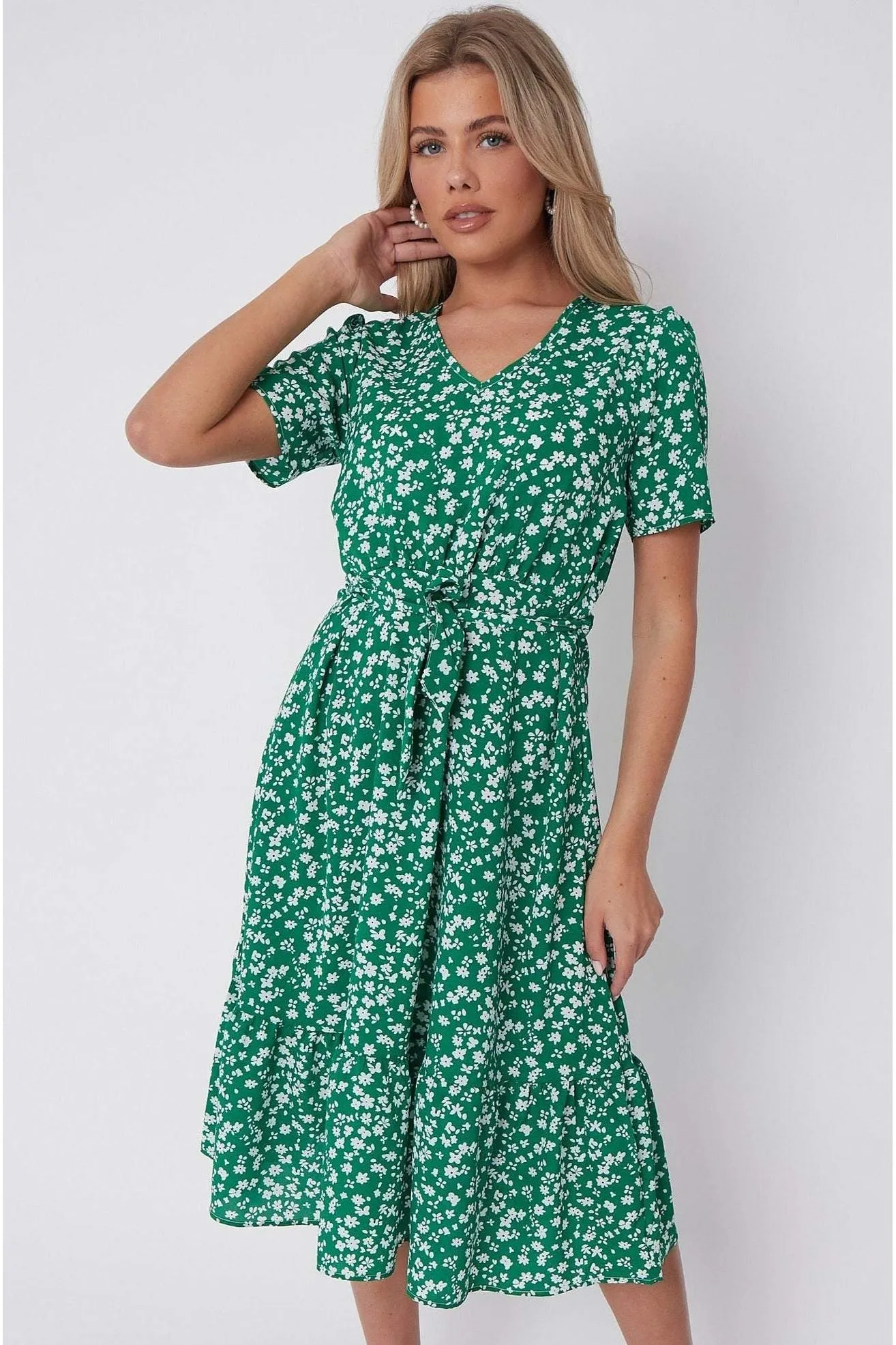 LOVE SUNSHINE Green Floral Print V Neck Frilled Hem Midi Dress