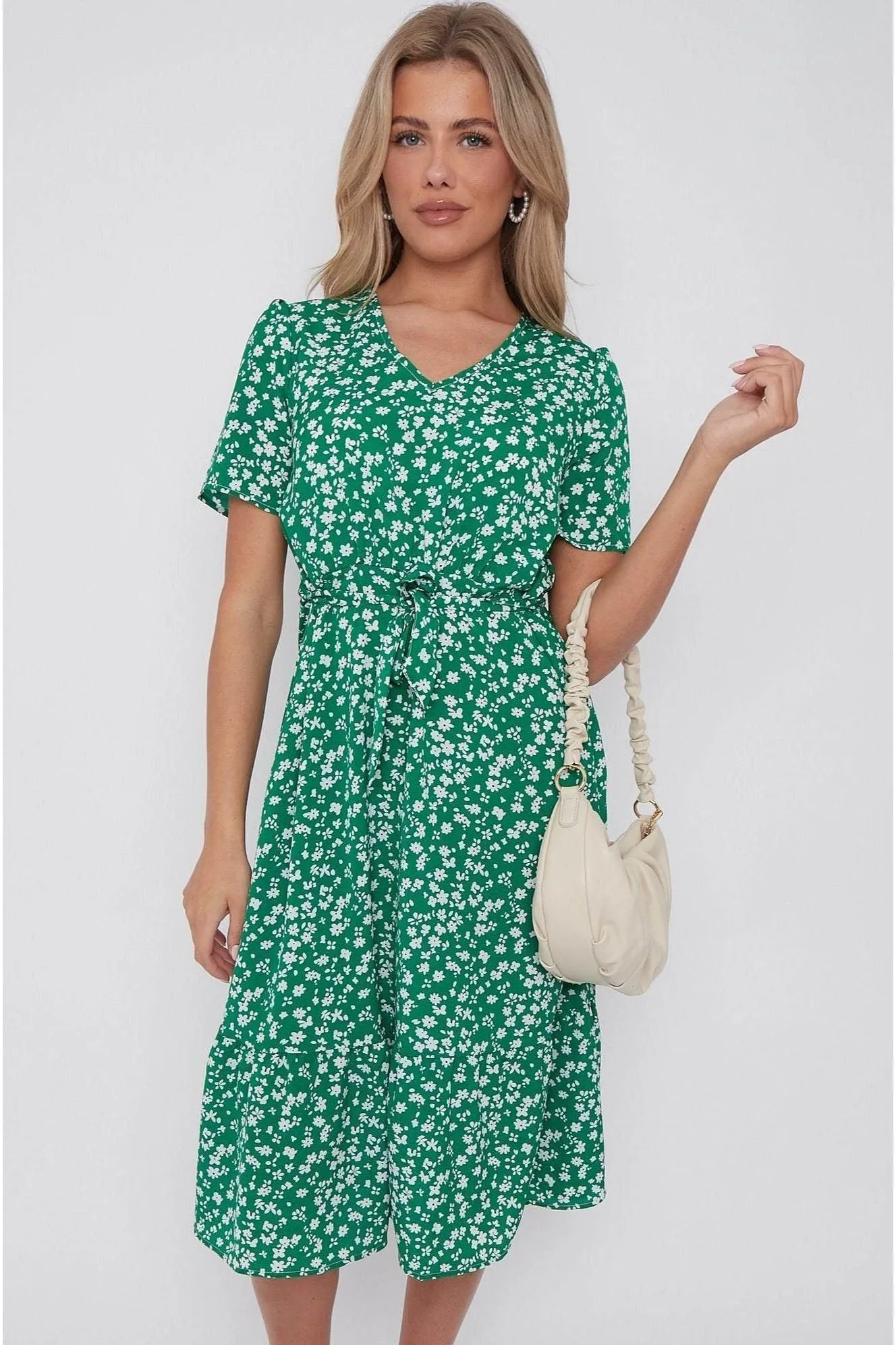 LOVE SUNSHINE Green Floral Print V Neck Frilled Hem Midi Dress