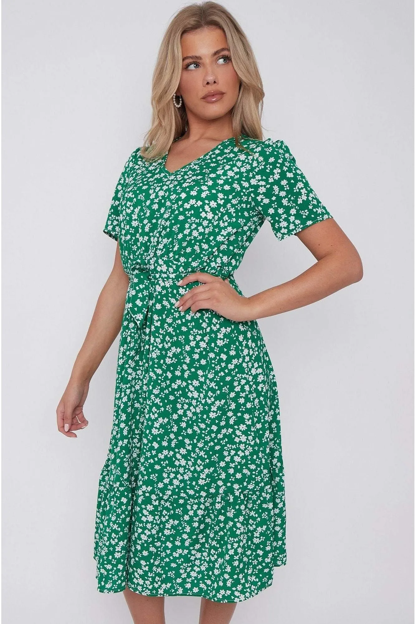 LOVE SUNSHINE Green Floral Print V Neck Frilled Hem Midi Dress