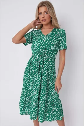 LOVE SUNSHINE Green Floral Print V Neck Frilled Hem Midi Dress