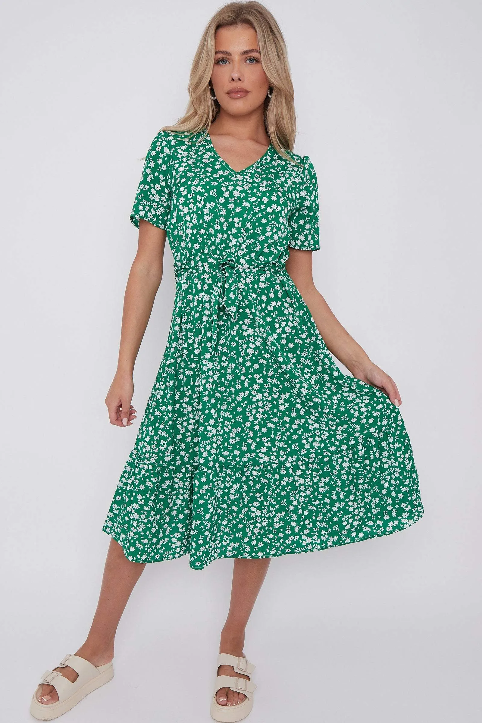 LOVE SUNSHINE Green Floral Print V Neck Frilled Hem Midi Dress