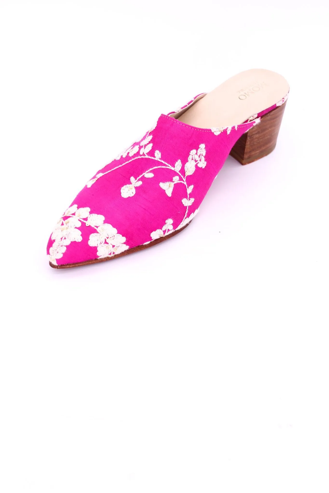 PINK EMBROIDERED HEELED MULES